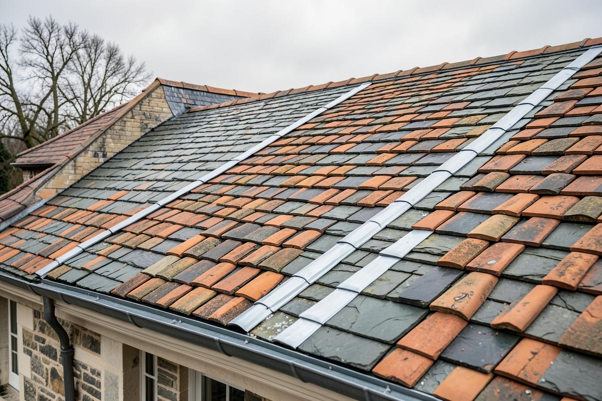 Toiture terminée avec tuiles, ardoises et zinc